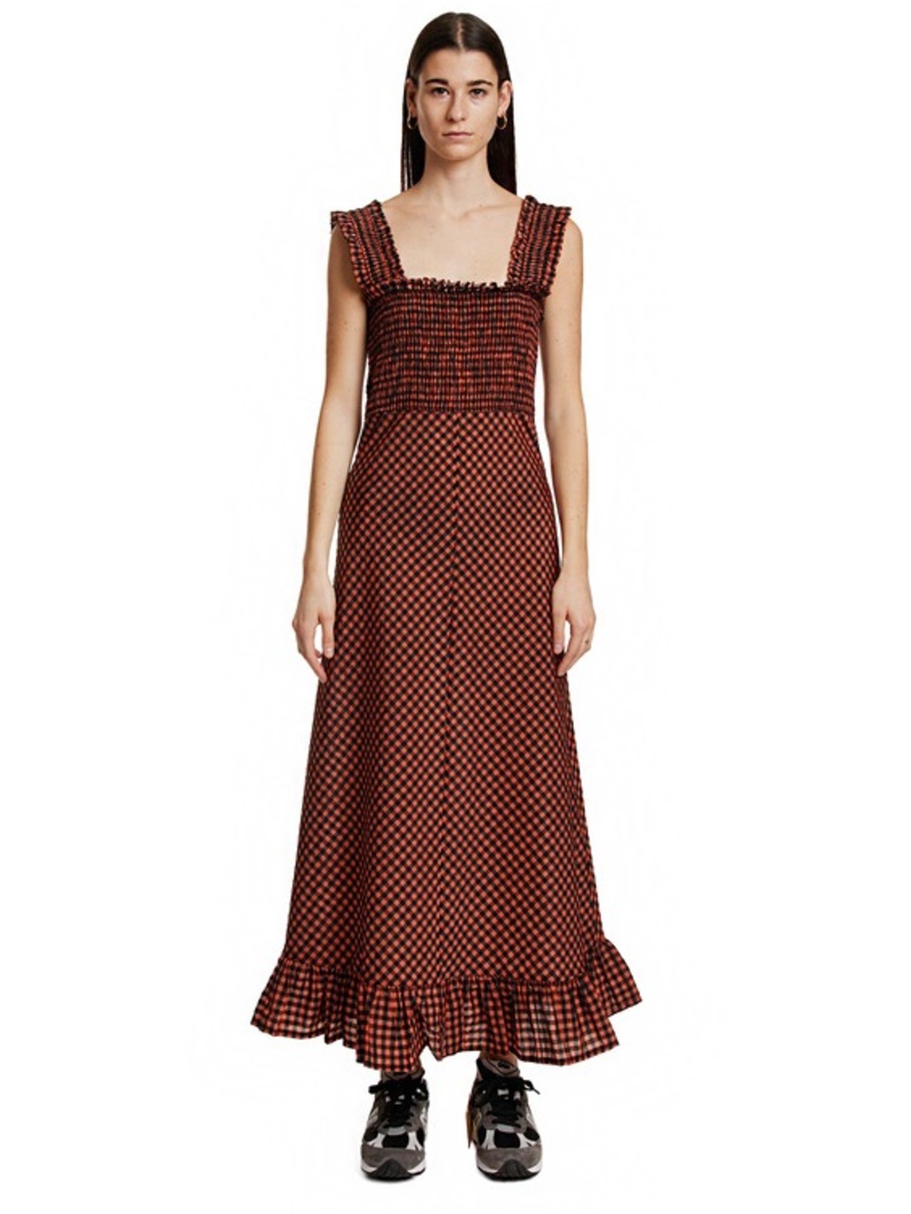 Ganni Rust and Black Smocked Maxi Dress